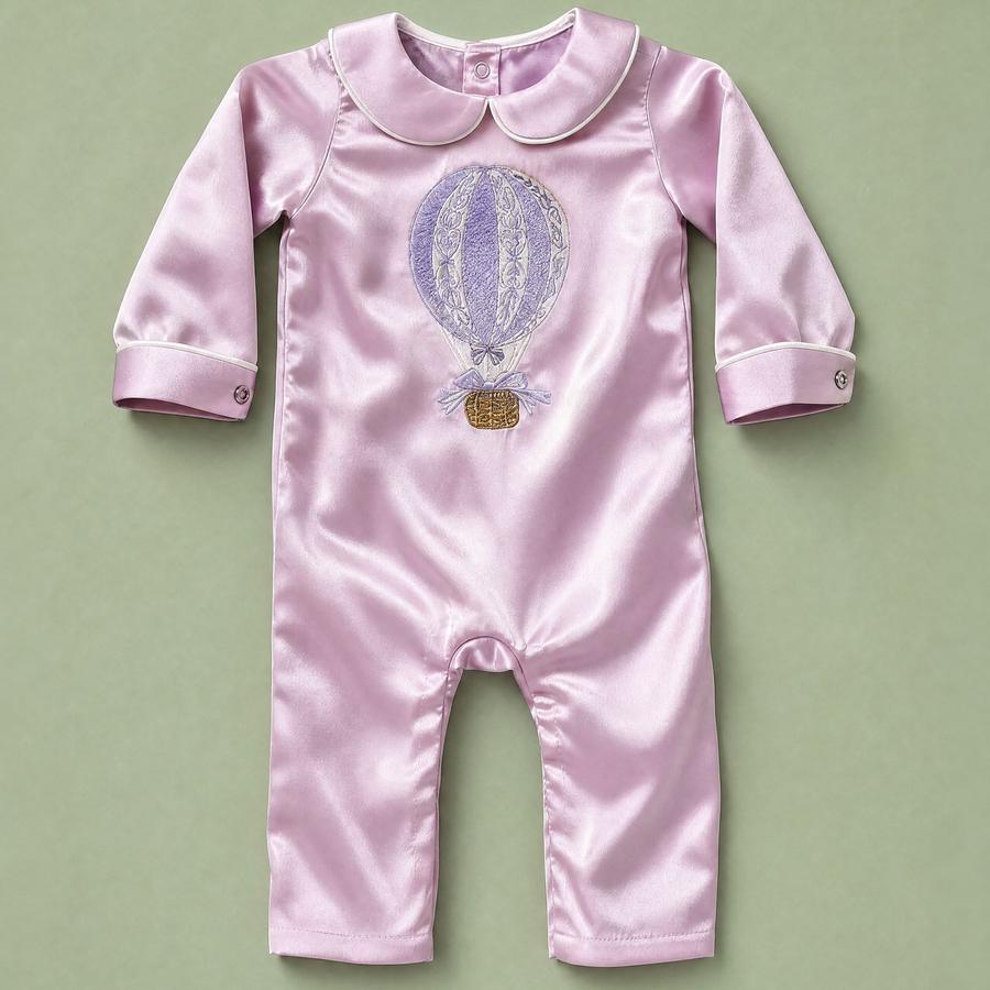The Lilac Set — personalised lilac silk romper with a hot air balloon