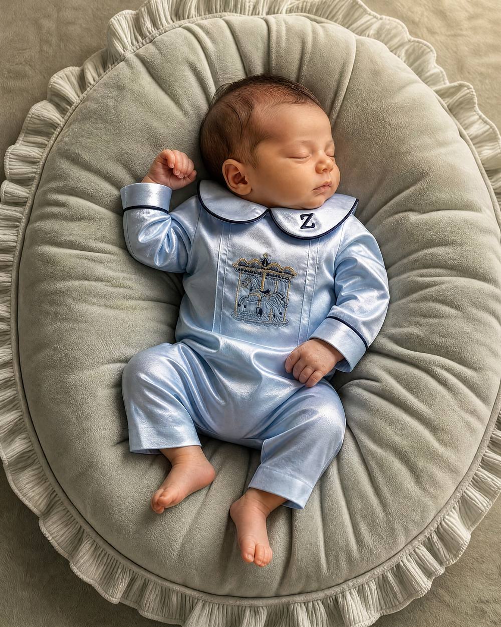 Newborn boy asleep in a personalised ice blue silk Zyra Baby romper