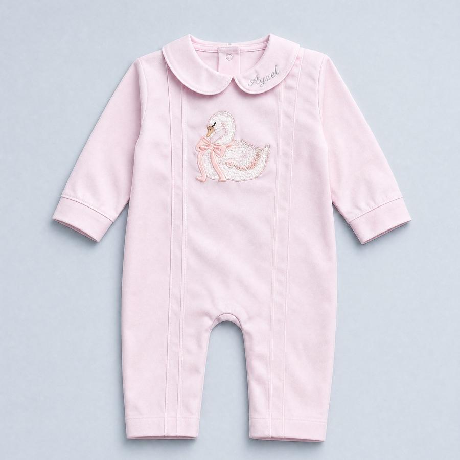 The Pink Set — personalised pink silk romper with a swan