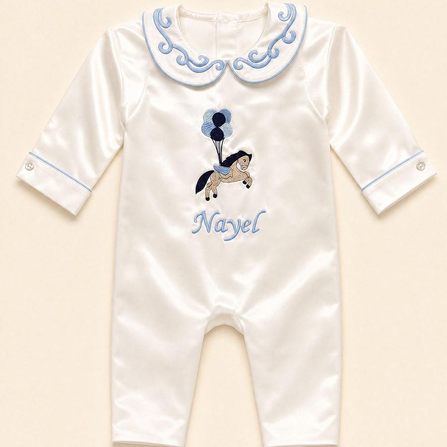 The White Set for Boys — personalised white and blue silk romper