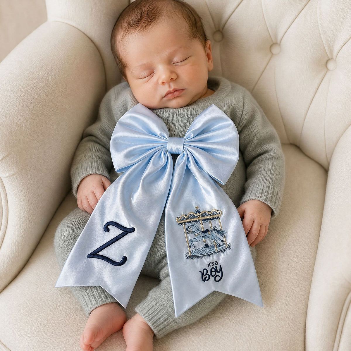 Ice blue silk announcement bow styled for a birth announcement photograph