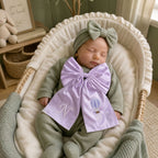 Lilac silk announcement bow styled for a birth announcement photograph