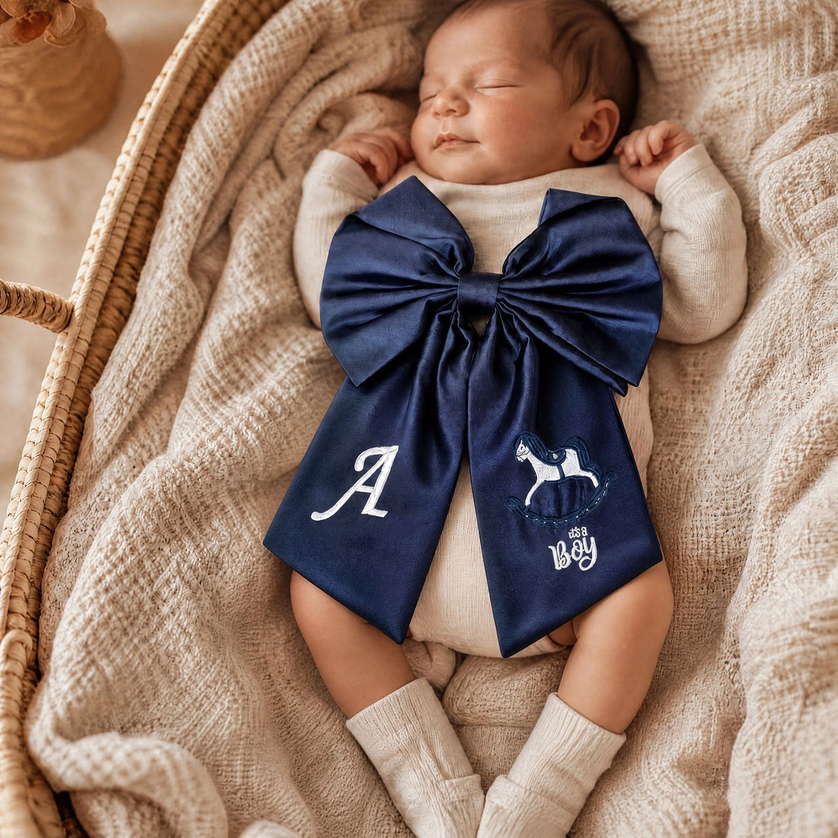 Navy silk announcement bow styled for a birth announcement photograph