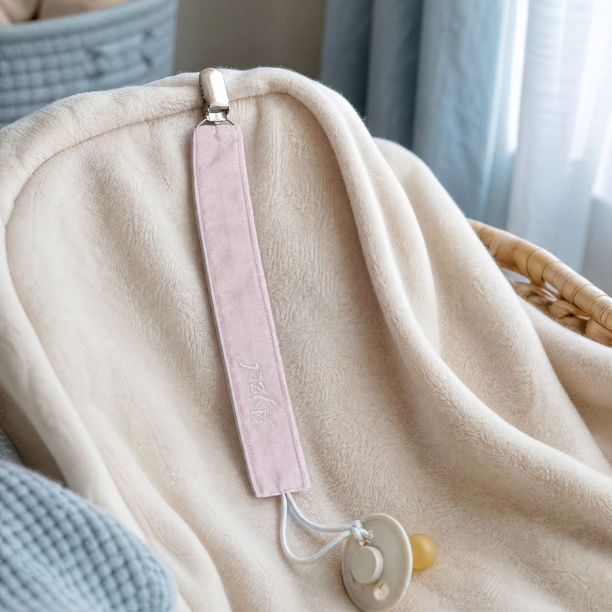 Personalised pink silk pacifier holder styled with a pacifier