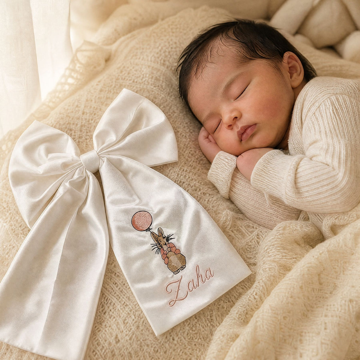 Personalised ivory silk announcement bow styled for a new baby girl announcement