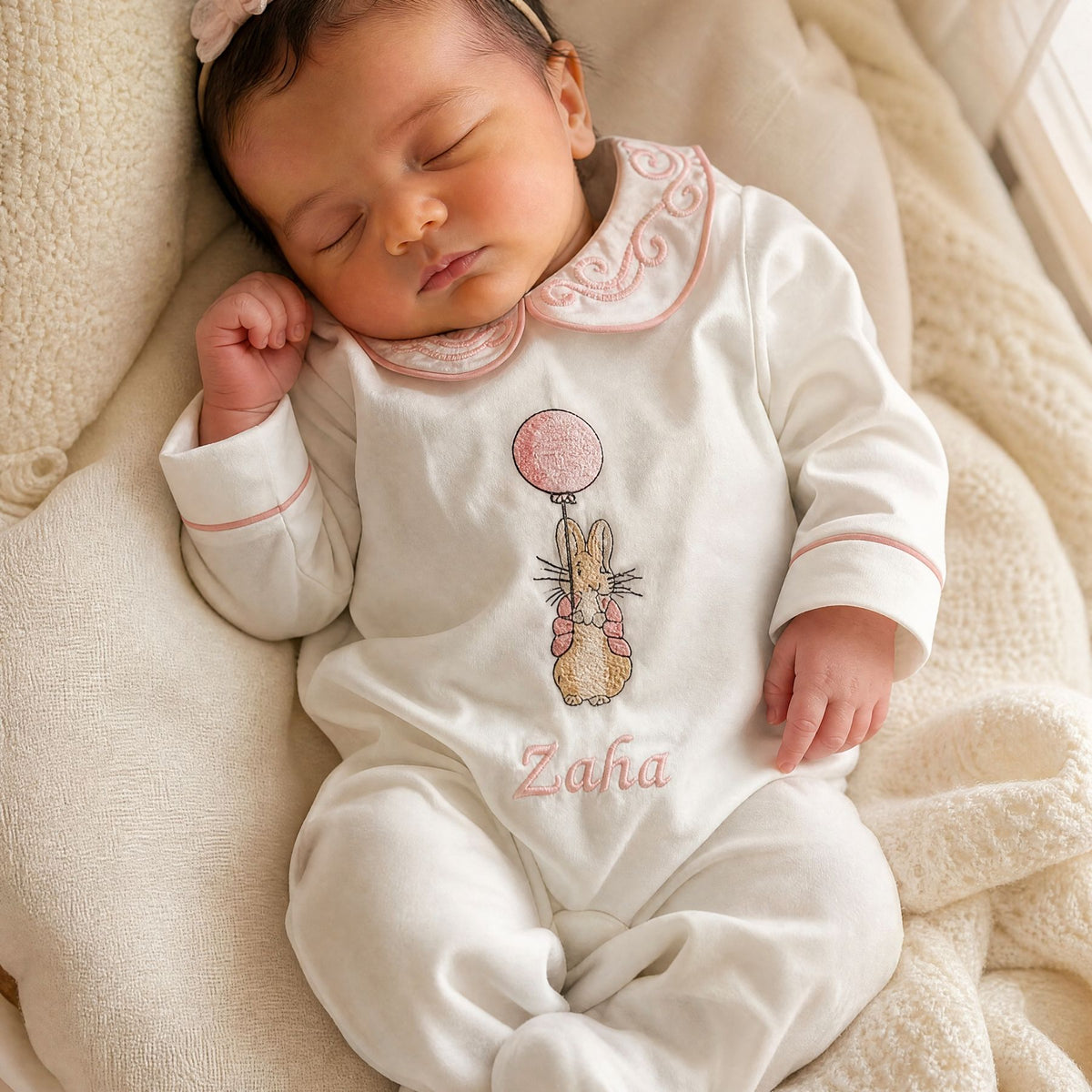 White and pink silk Zyra Baby romper with bunny and balloon embroidery, styled in a nursery setting