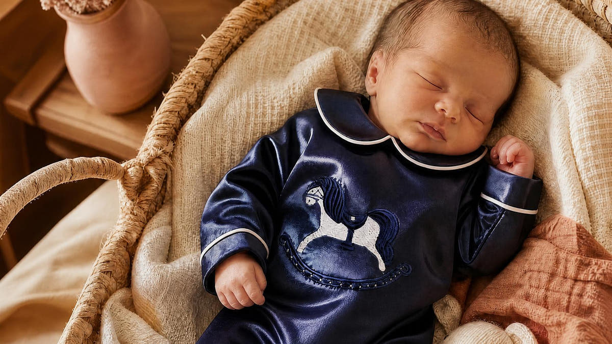 Newborn asleep in a moses basket wearing a personalised navy silk Zyra Baby romper with a rocking horse embroidered at the chest