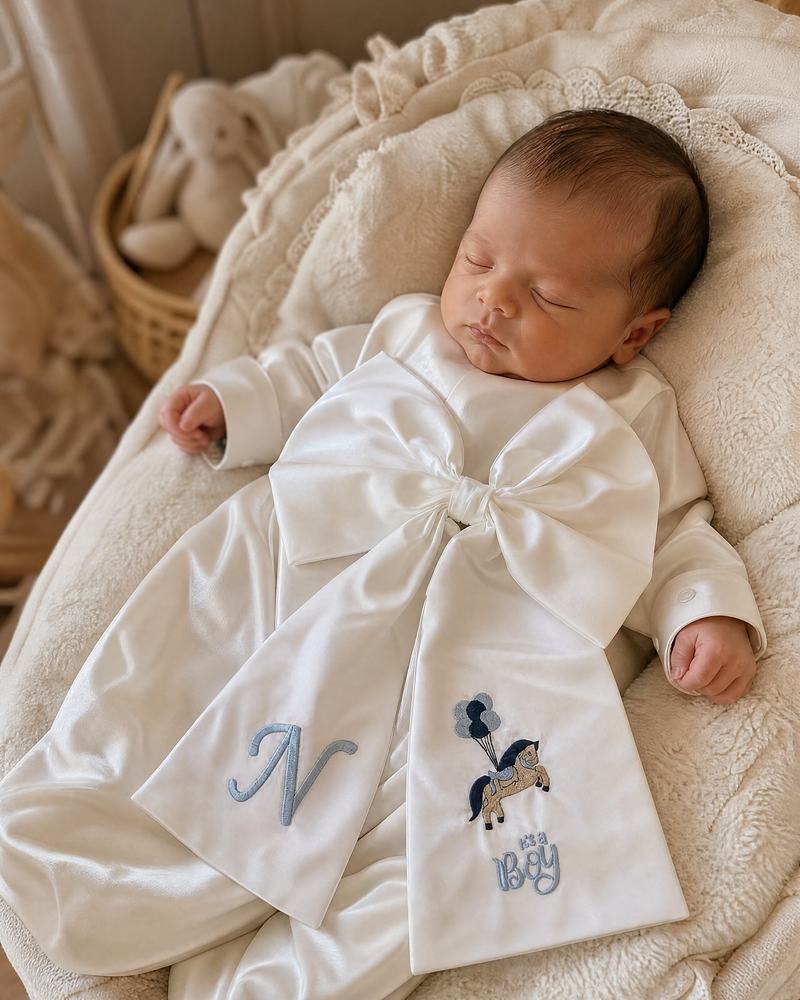 Newborn photographed with a personalised white silk announcement bow