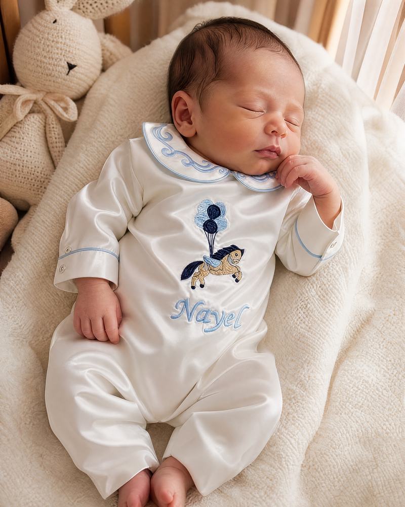 Newborn in a personalised white silk romper — the coming-home outfit