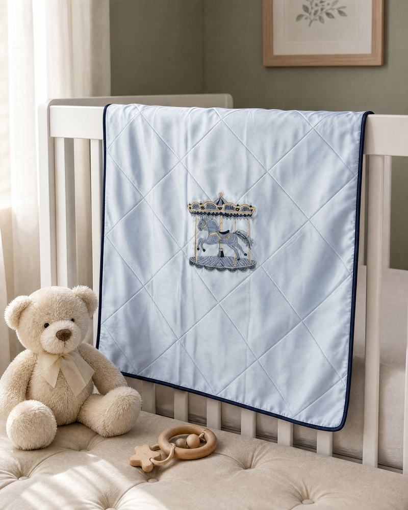 Personalised ice blue silk wrapping sheet draped over a cot
