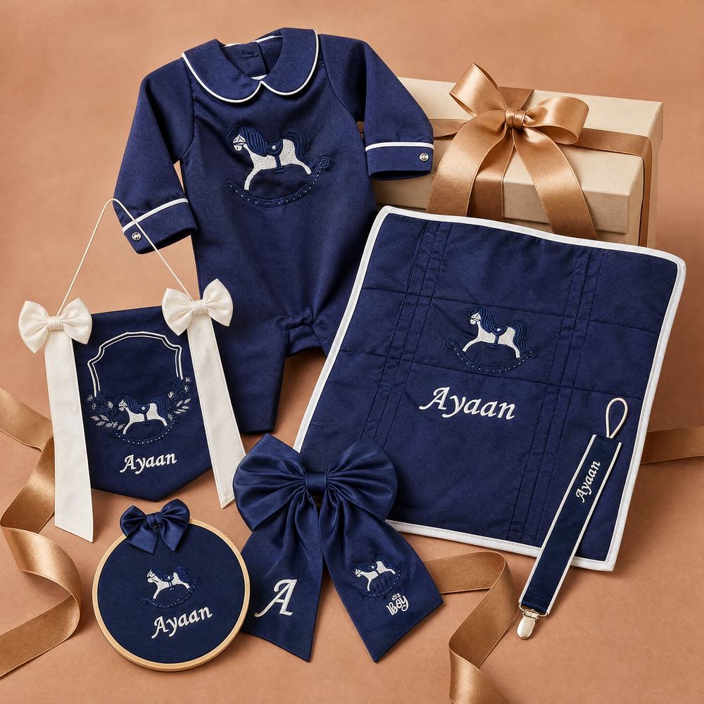 The Grand Arrival gift set — all six personalised navy silk pieces with a ribboned gift box
