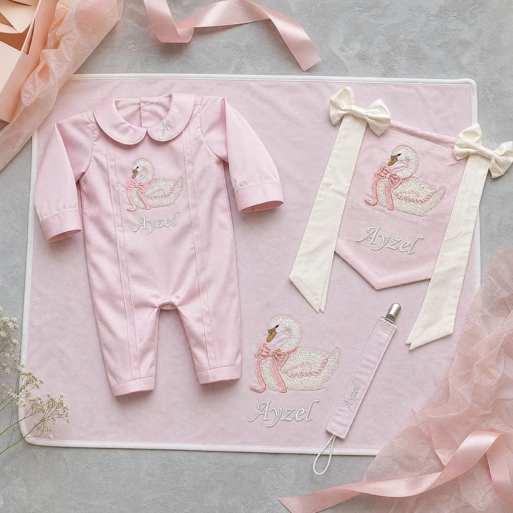 Welcome to the World gift set — personalised pink silk romper, wrapping sheet, name flag and pacifier holder